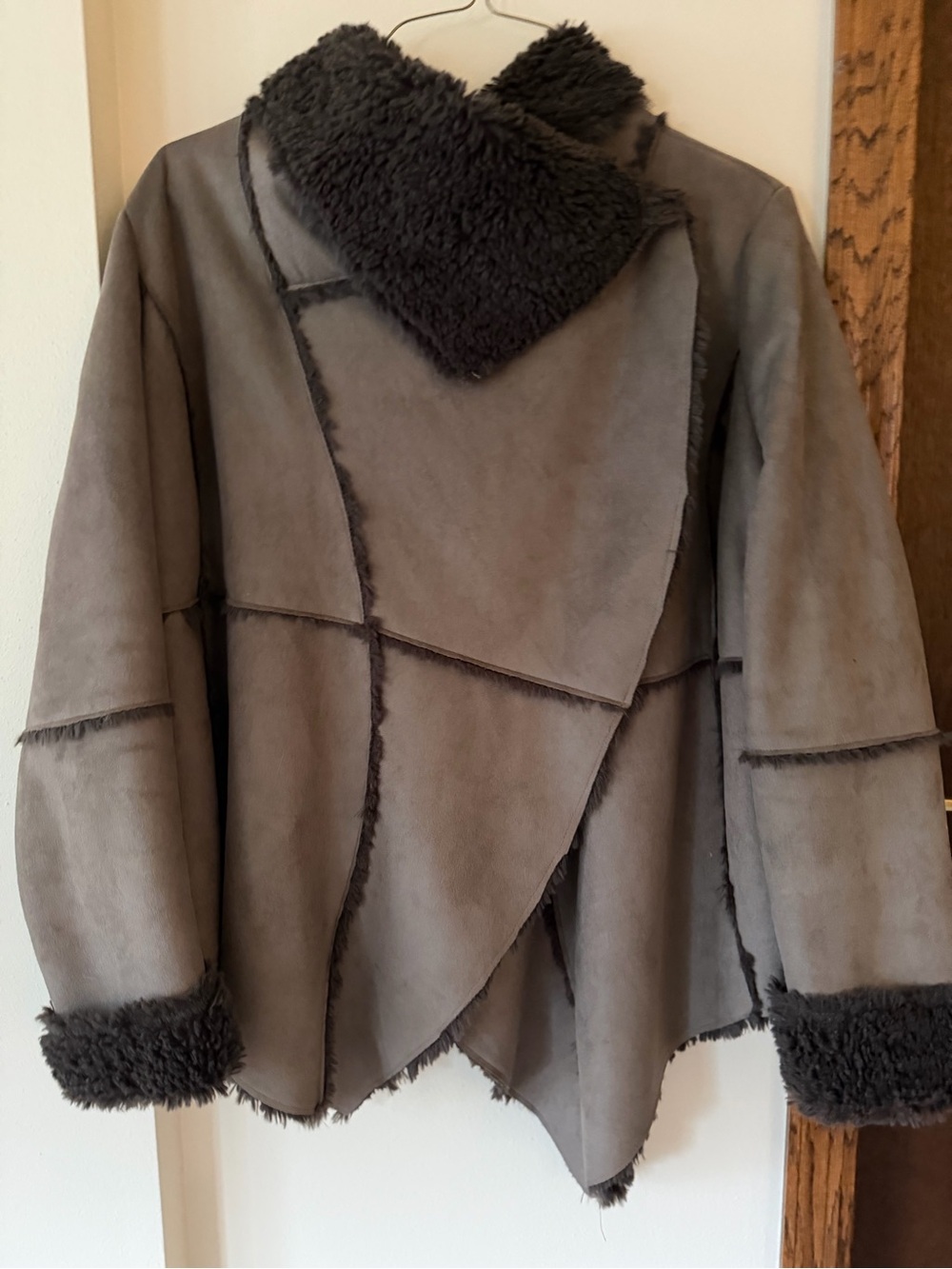 Women's Grey Faux Shearling Teddy Jacket - Soft Plush Trim